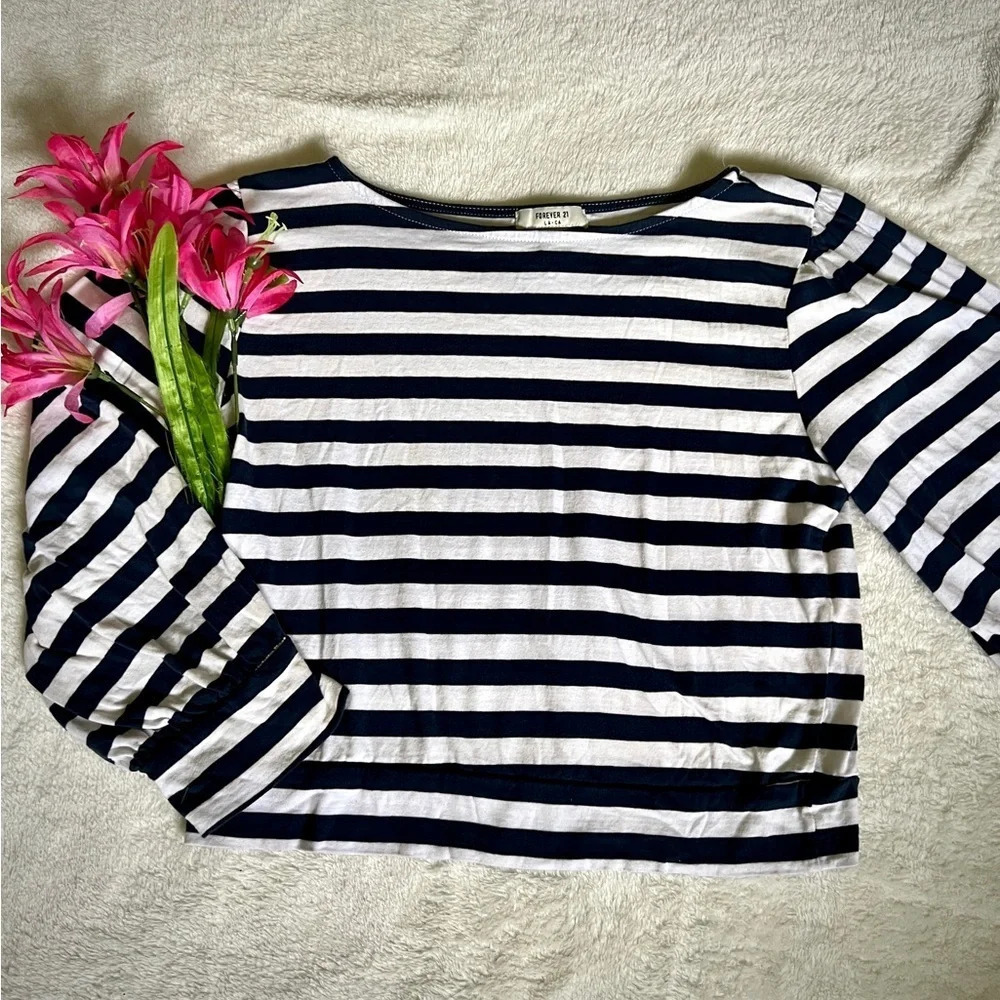 Forever 21 Navy/White Stripe Balloon Sleeve Top - Small